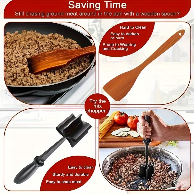 GrindGrip™ manual meat chopper with black handle breaking ground beef in pan, avoiding wooden spoon issues, HighPeak design