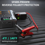 RoadRevive™ jump starter in black with red clamps showing spark-proof and reverse polarity protection features on a textured surface
