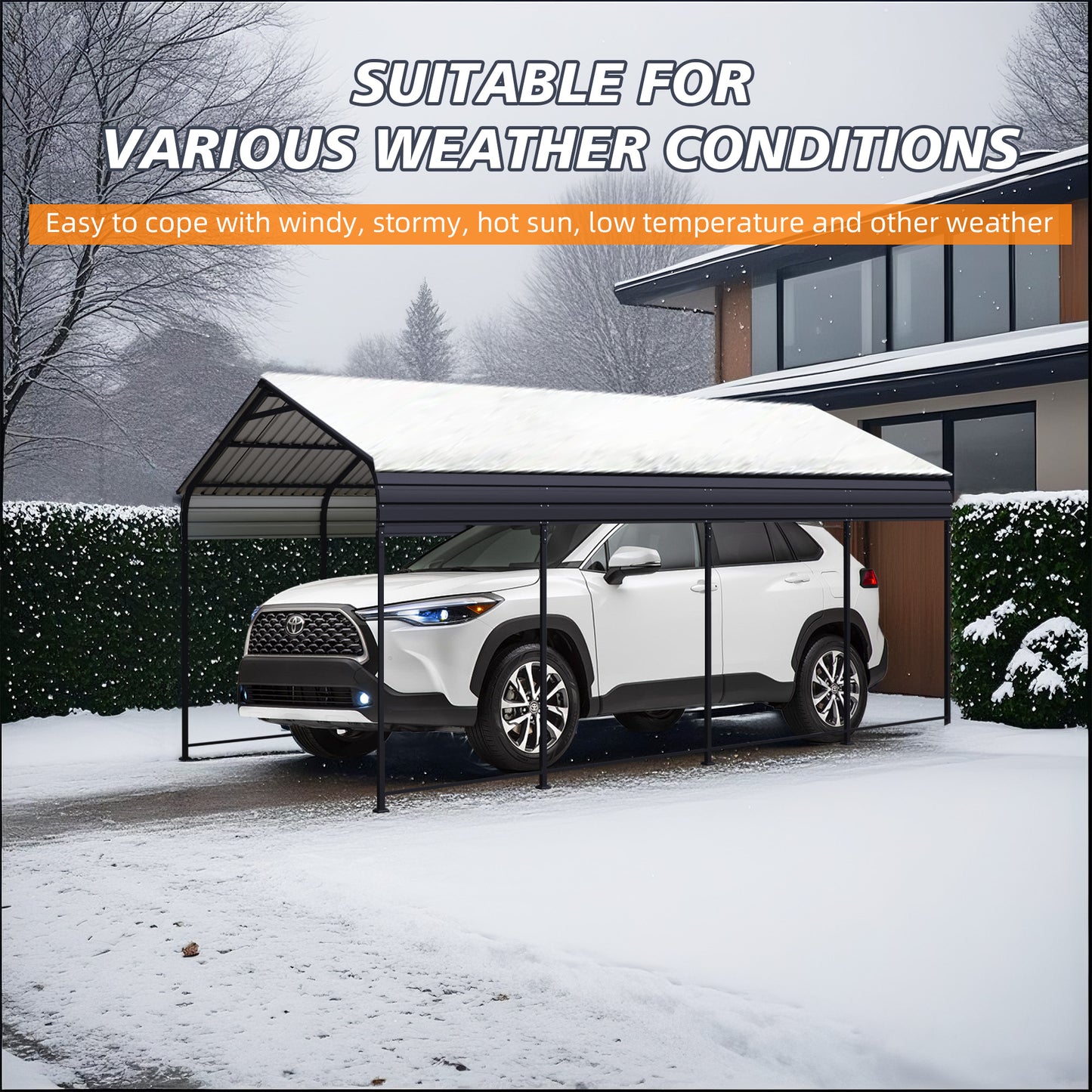 HighPeak Metal Carport in black with galvanized steel roof sheltering a white SUV in snowy backyard weather protection