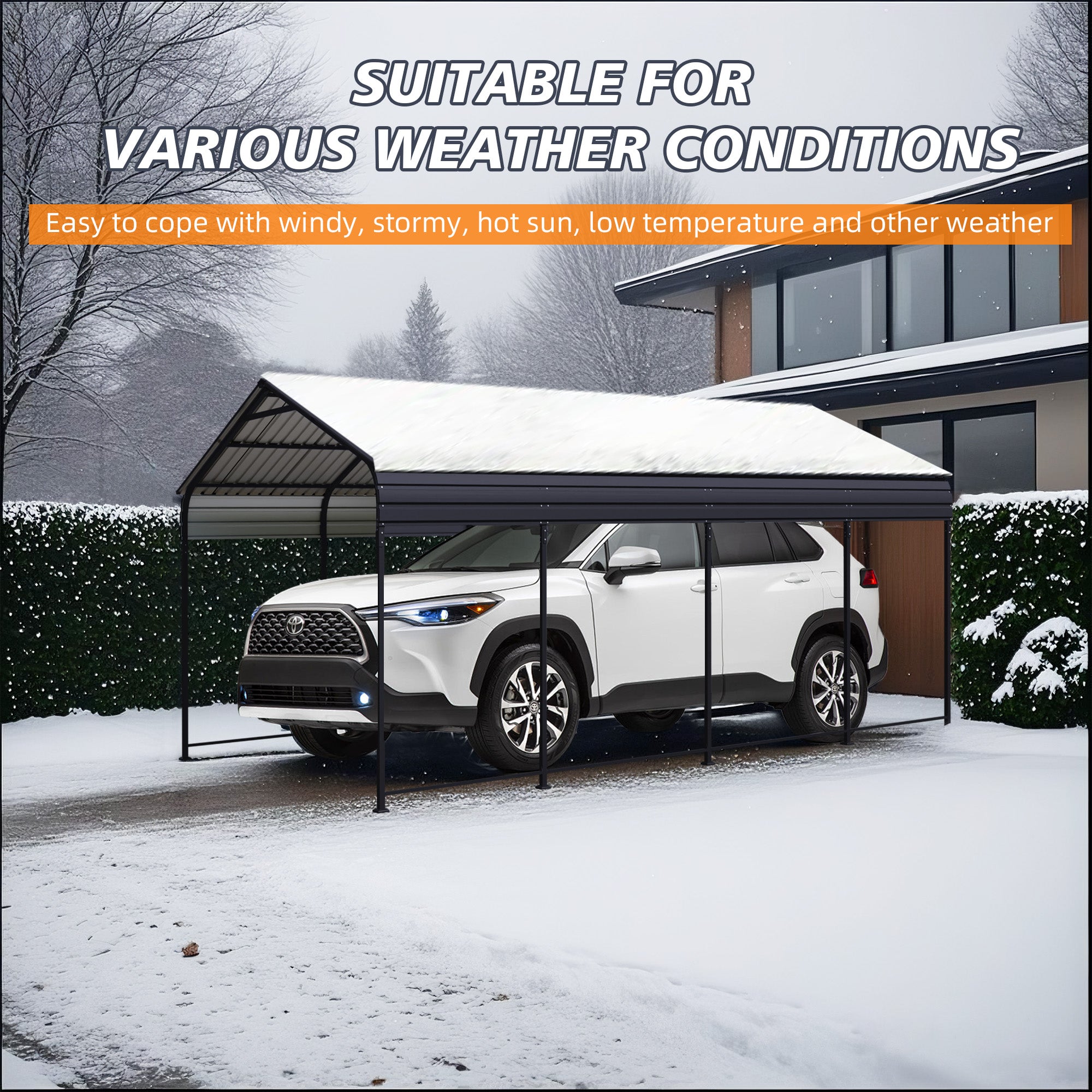 HighPeak Metal Carport in black with galvanized steel roof sheltering a white SUV in snowy backyard weather protection