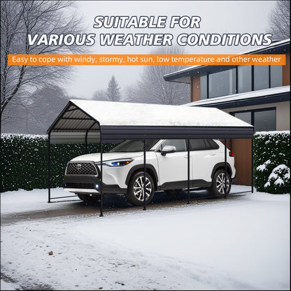 HighPeak Metal Carport in black with galvanized steel roof sheltering a white SUV in snowy backyard weather protection