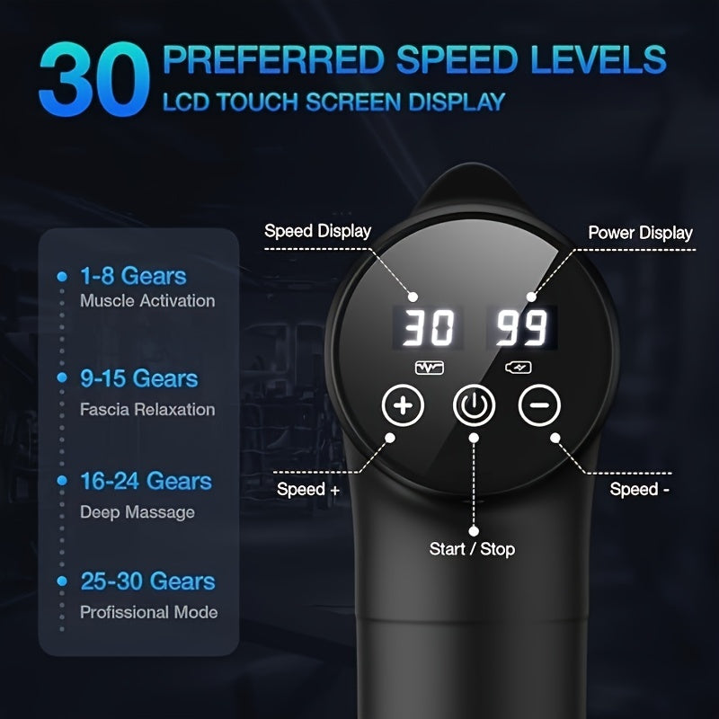 PulsePro™ deep tissue massage gun with LCD touch screen showing 30 speed levels and power battery display