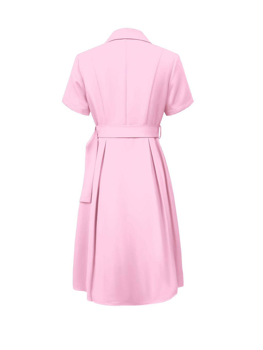 HighPeak The Verona A-Line Midi Dress in pink with short sleeves, built-in belt, and chic collar detail shown from back view