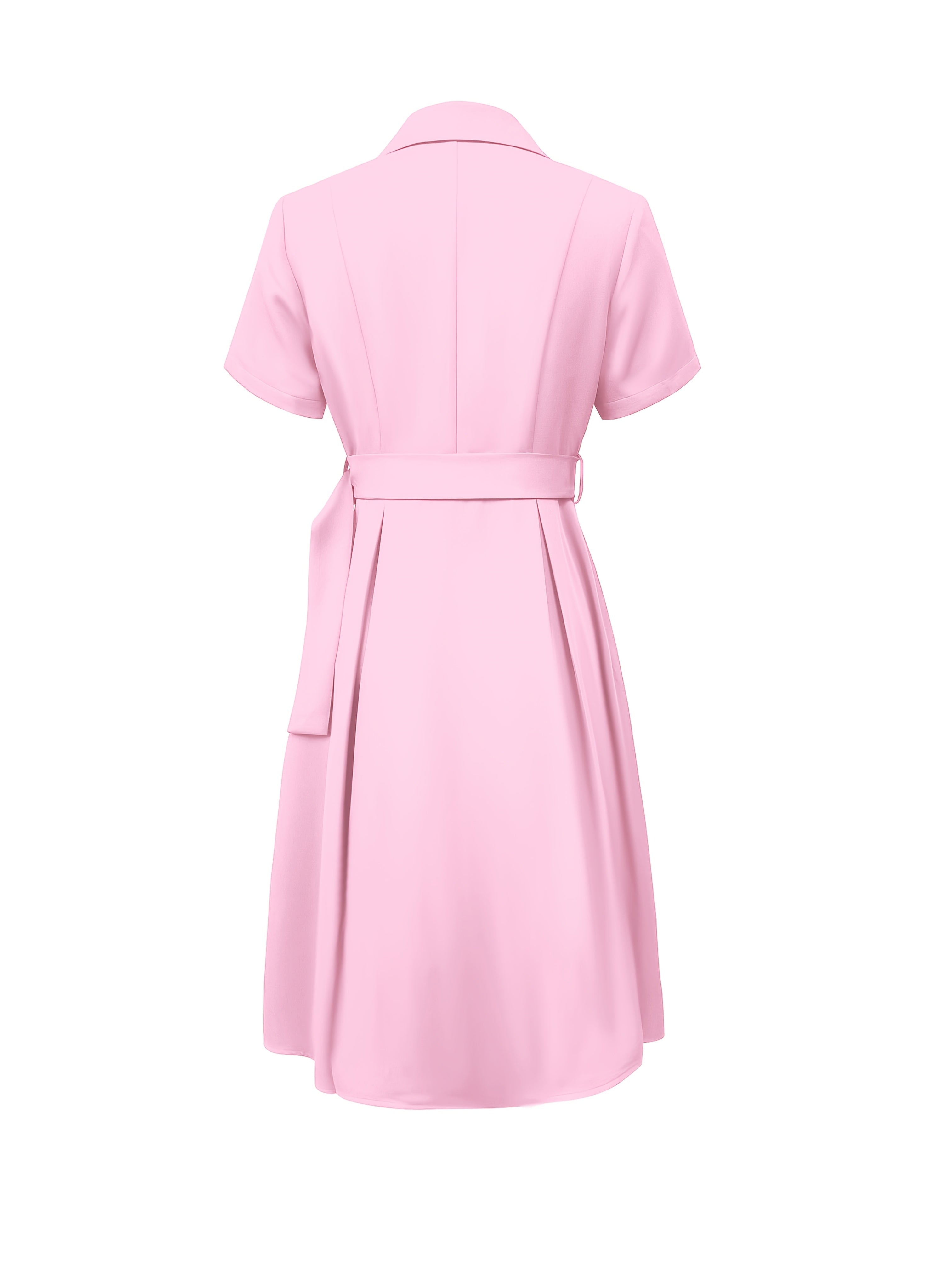 HighPeak The Verona A-Line Midi Dress in pink with short sleeves, built-in belt, and chic collar detail shown from back view