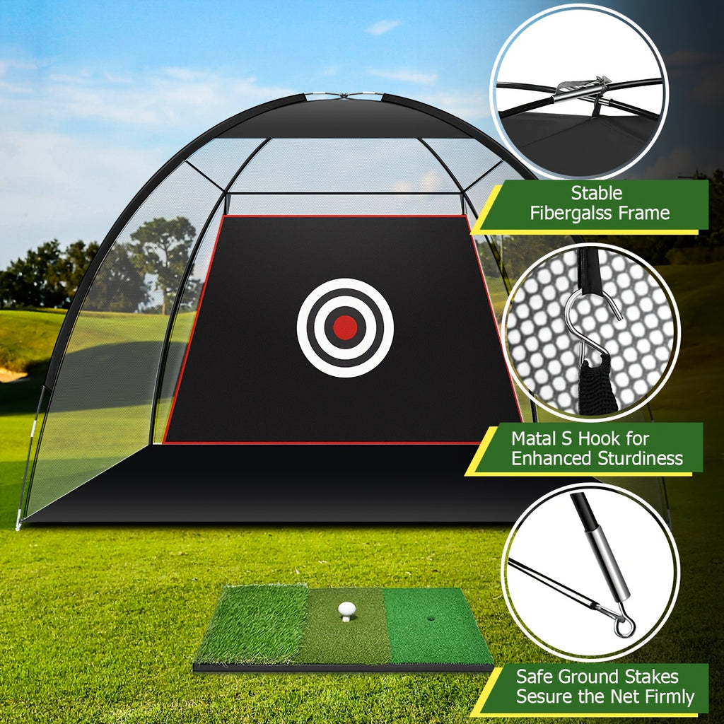 ProSwing Golf Net with stable fiberglass frame, metal S hooks, target zones, and green mat on outdoor grass by HighPeak
