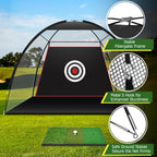 ProSwing Golf Net with stable fiberglass frame, metal S hooks, target zones, and green mat on outdoor grass by HighPeak