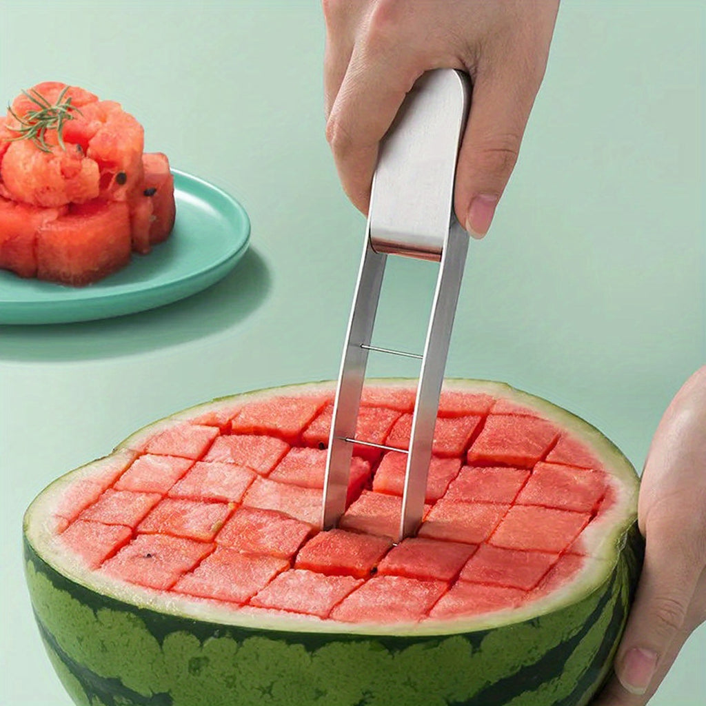 MelonMate™ - Cube Cutter slicing watermelon into even cubes with stainless steel blades and ergonomic handle by HighPeak