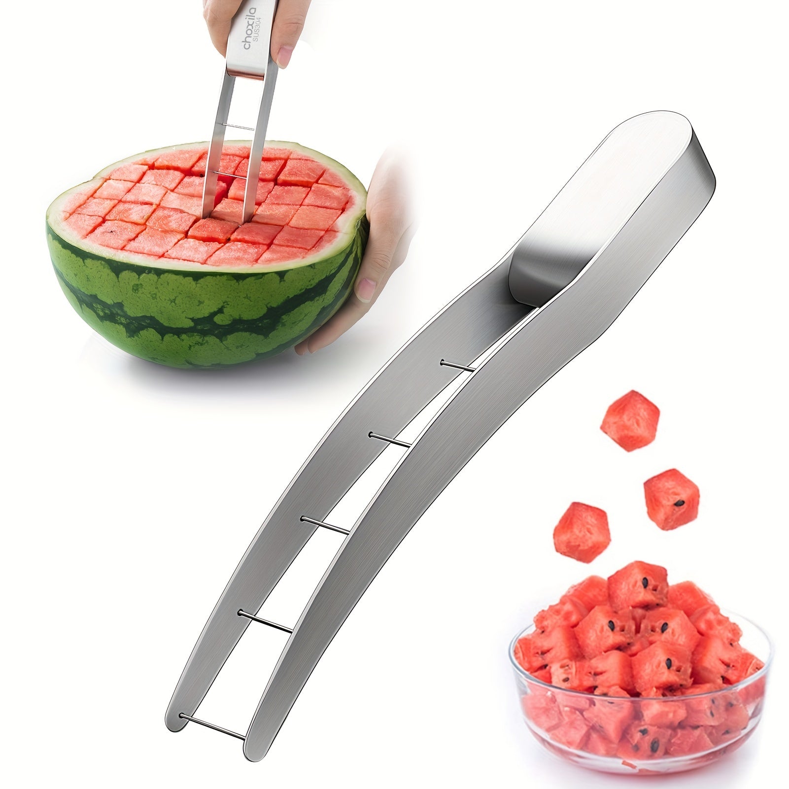 MelonMate™ - Cube Cutter stainless steel slicer cutting watermelon into even cubes with ergonomic handle by HighPeak