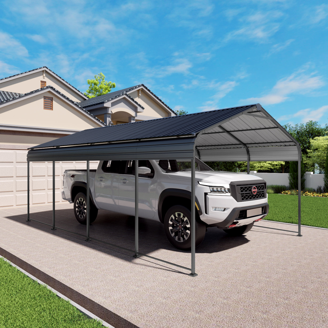 HighPeak Metal Carport in black with galvanized steel roof protecting a white truck in a residential driveway