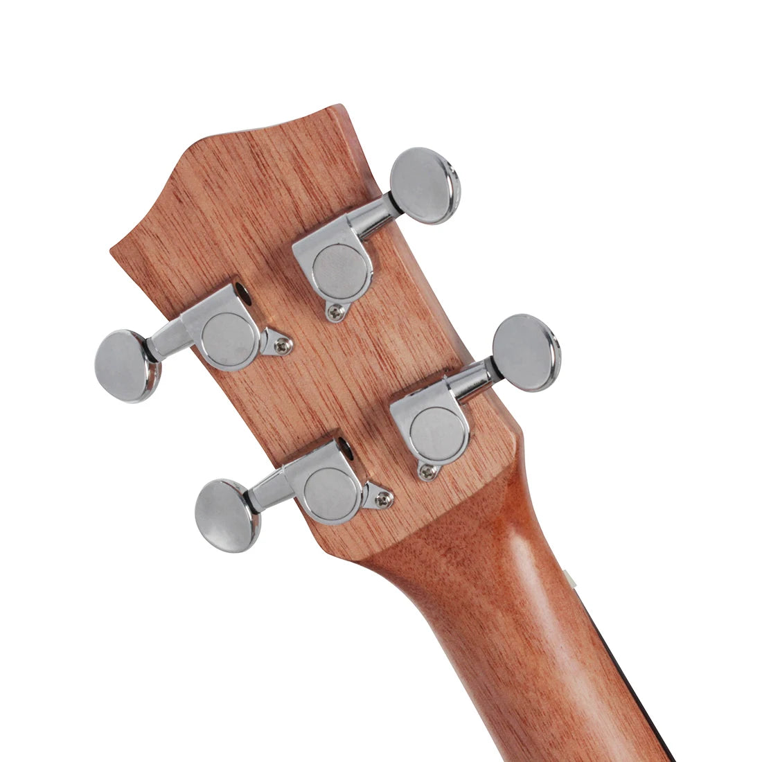Acoustic Four-String Ukulele rear headstock close-up showing four enclosed silver tuning machines.
