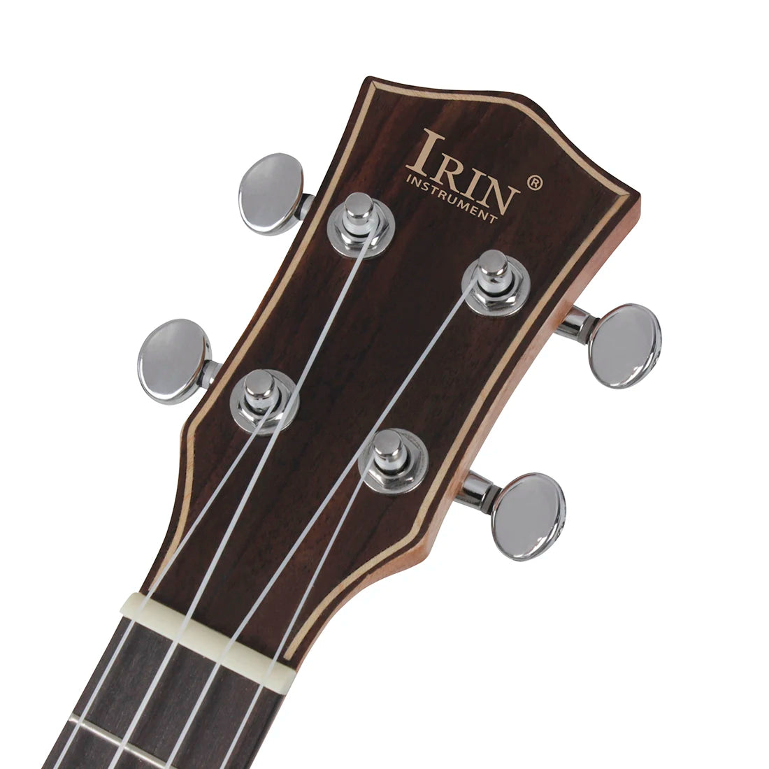 Acoustic Four-String Ukulele front headstock close-up showing the IRIN logo and four tuning posts.