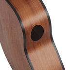 Acoustic Four-String Ukulele round side sound port viewed beside the warm brown back panel.