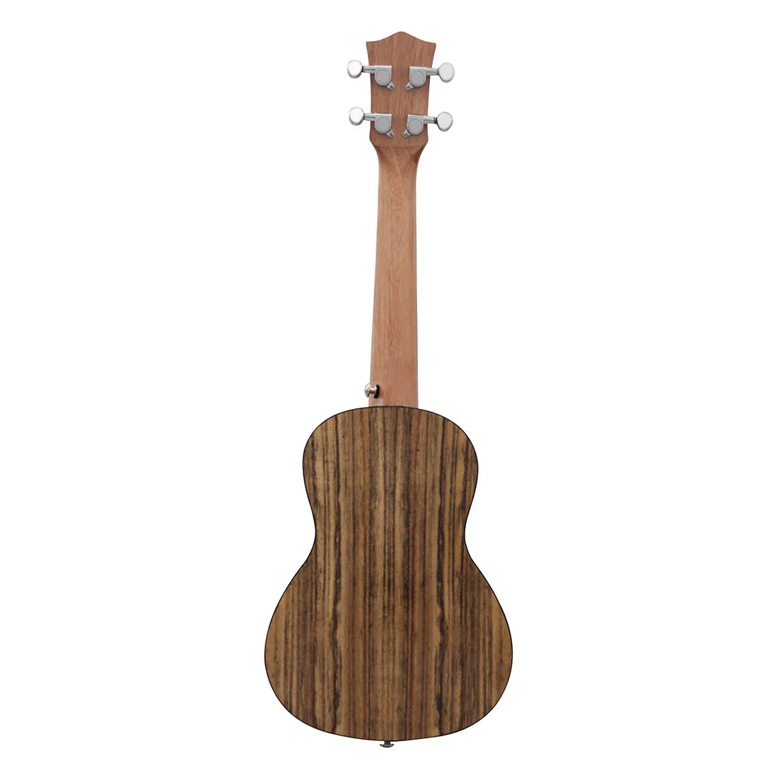 Acoustic Four-String Ukulele full rear view showing striped wood grain, neck and enclosed tuning pegs.