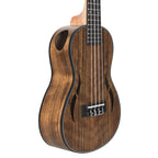 Acoustic Four-String Ukulele striped brown body angled to show its side port and paired front openings.