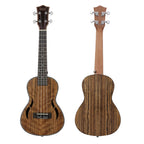 Acoustic Four-String Ukulele front and back views showing striped wood grain and closed-back tuners.