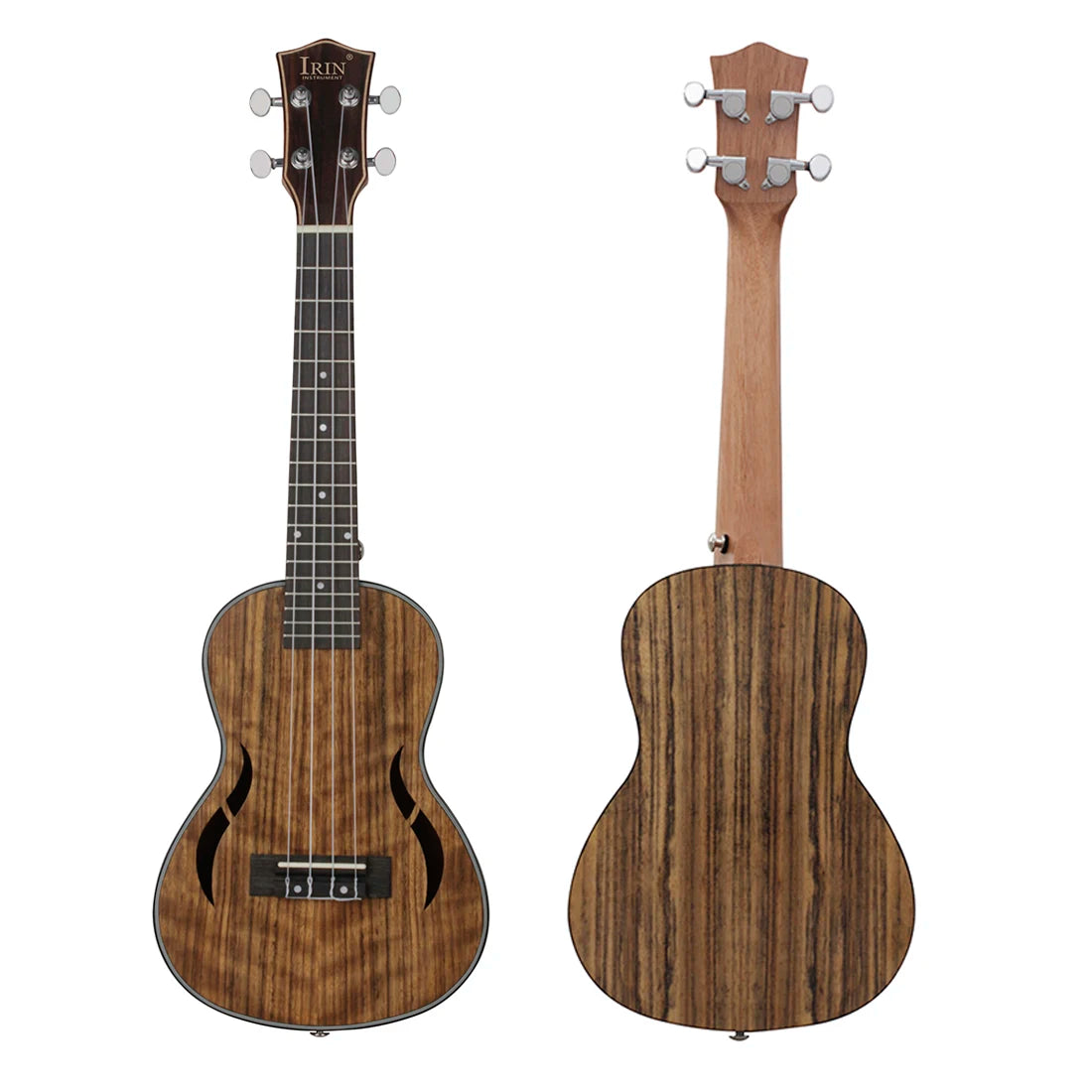 Acoustic Four-String Ukulele front and back views showing striped wood grain and closed-back tuners.