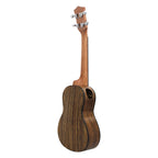 Acoustic Four-String Ukulele rear three-quarter view of the striped brown version and side sound port.