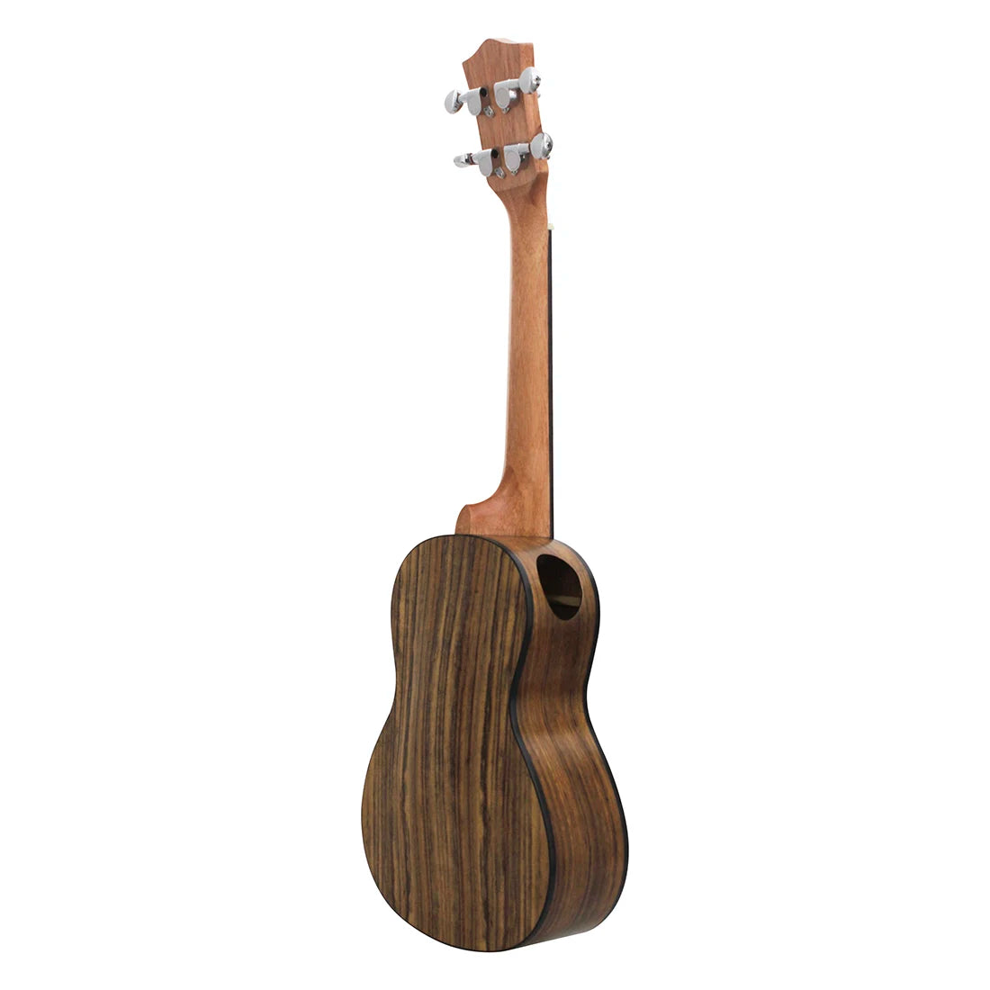 Acoustic Four-String Ukulele rear three-quarter view of the striped brown version and side sound port.