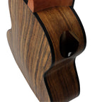 Acoustic Four-String Ukulele close-up of striped wood grain, dark binding and the side sound port.
