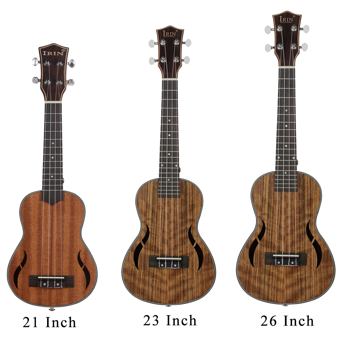 Acoustic Four-String Ukulele front comparison of the 21, 23 and 26 Inch options on white.