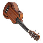 Acoustic Four-String Ukulele warm brown version angled to show the strings, front openings and side port.