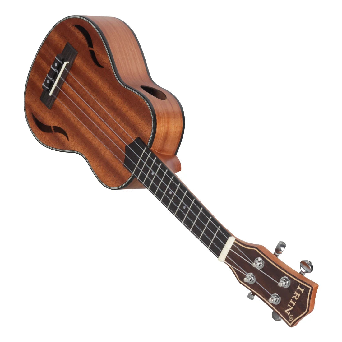 Acoustic Four-String Ukulele warm brown version angled to show the strings, front openings and side port.