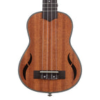 Acoustic Four-String Ukulele warm brown body front with paired sound openings and a bottom strap button.