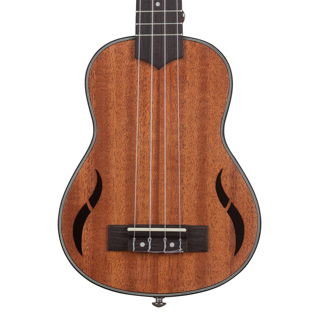 Acoustic Four-String Ukulele warm brown body front with paired sound openings and a bottom strap button.
