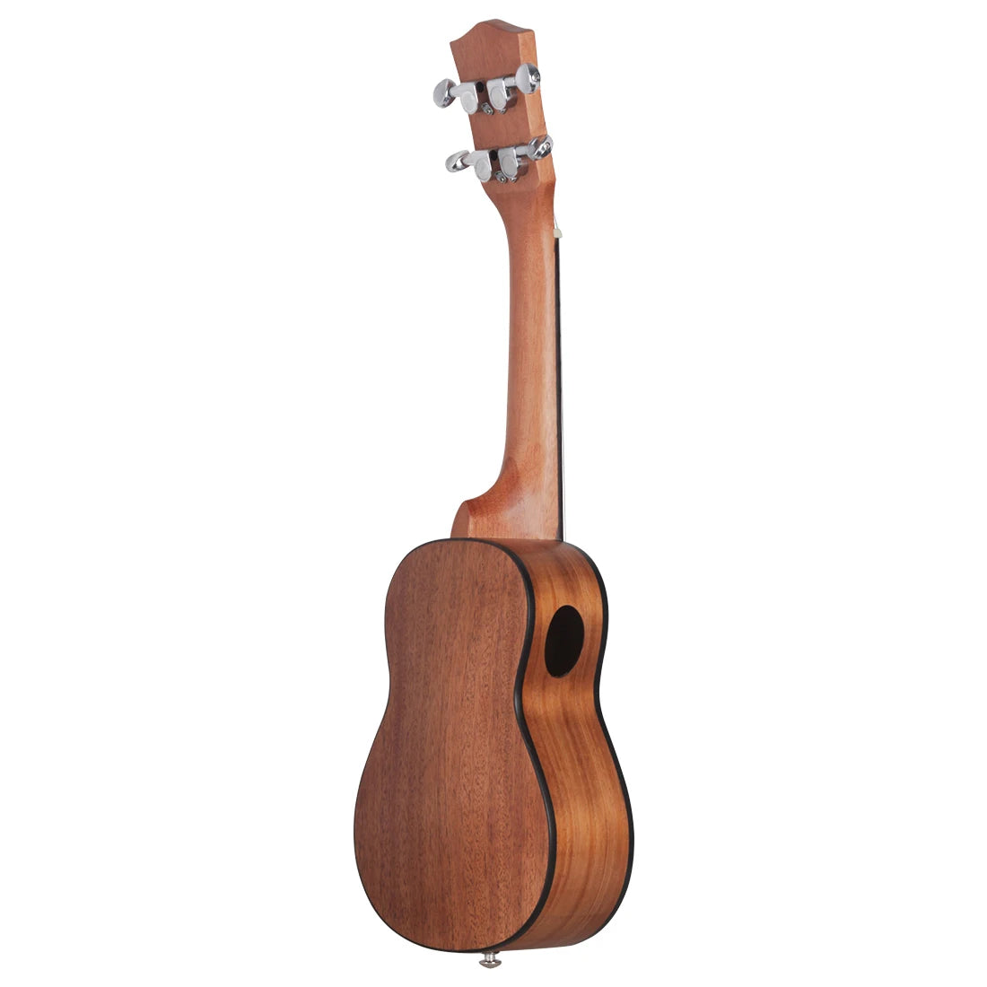 Acoustic Four-String Ukulele warm brown version viewed from behind with the side sound port visible.