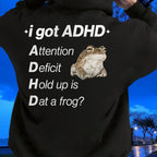 ADHD Frog Meme Hoodie in black shown from the back with the large frog and attention-deficit graphic