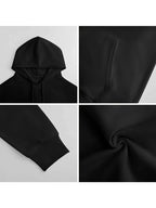 ADHD Frog Meme Hoodie detail collage showing the hood, front pocket, ribbed cuff, and black fabric