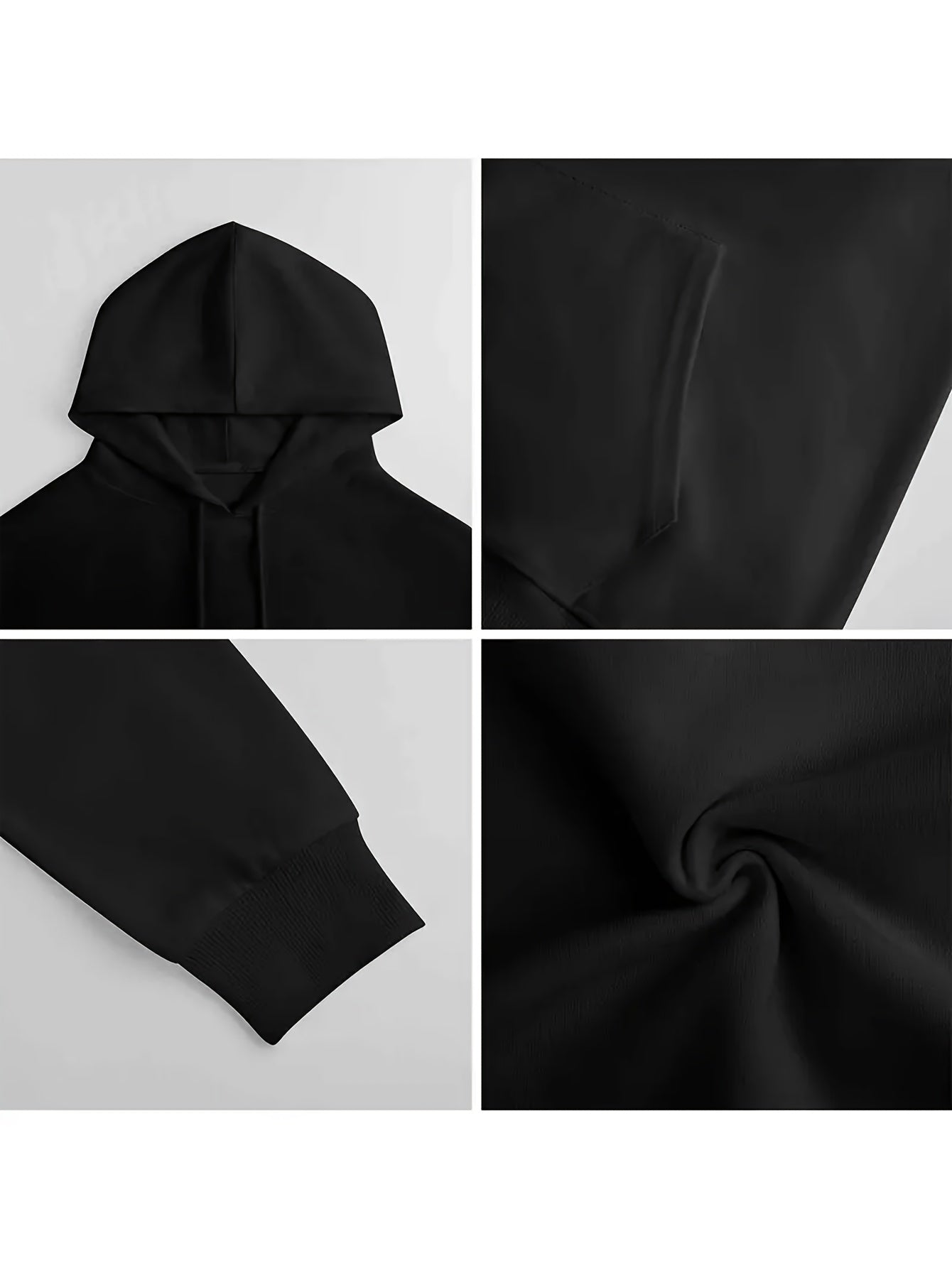 ADHD Frog Meme Hoodie detail collage showing the hood, front pocket, ribbed cuff, and black fabric