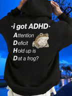 ADHD Frog Meme Hoodie full back view showing the black pullover fit, hood, and printed frog design