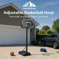 HighPeak Adjustable Basketball Hoop with shatterproof backboard and wheeled base set up on driveway for outdoor play.