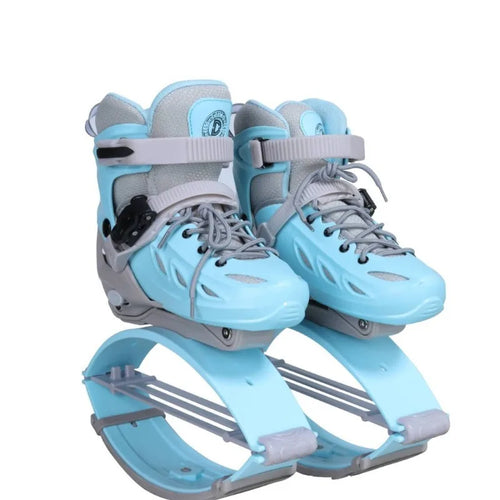Adjustable Bouncing Shoes from HighPeak in light blue and gray with laces, buckle straps, and curved rebound bases