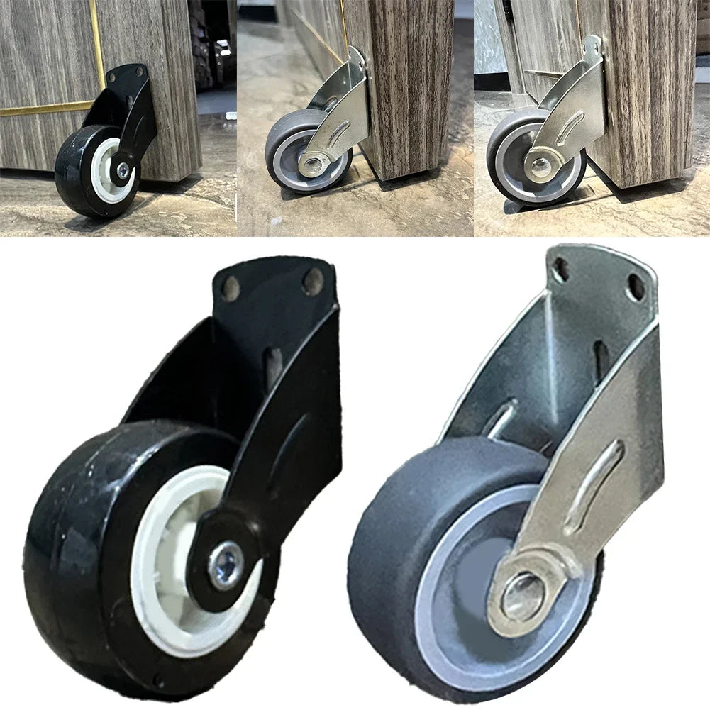 Adjustable Door Support Wheel comparison showing Black and Gray models plus cabinet installations