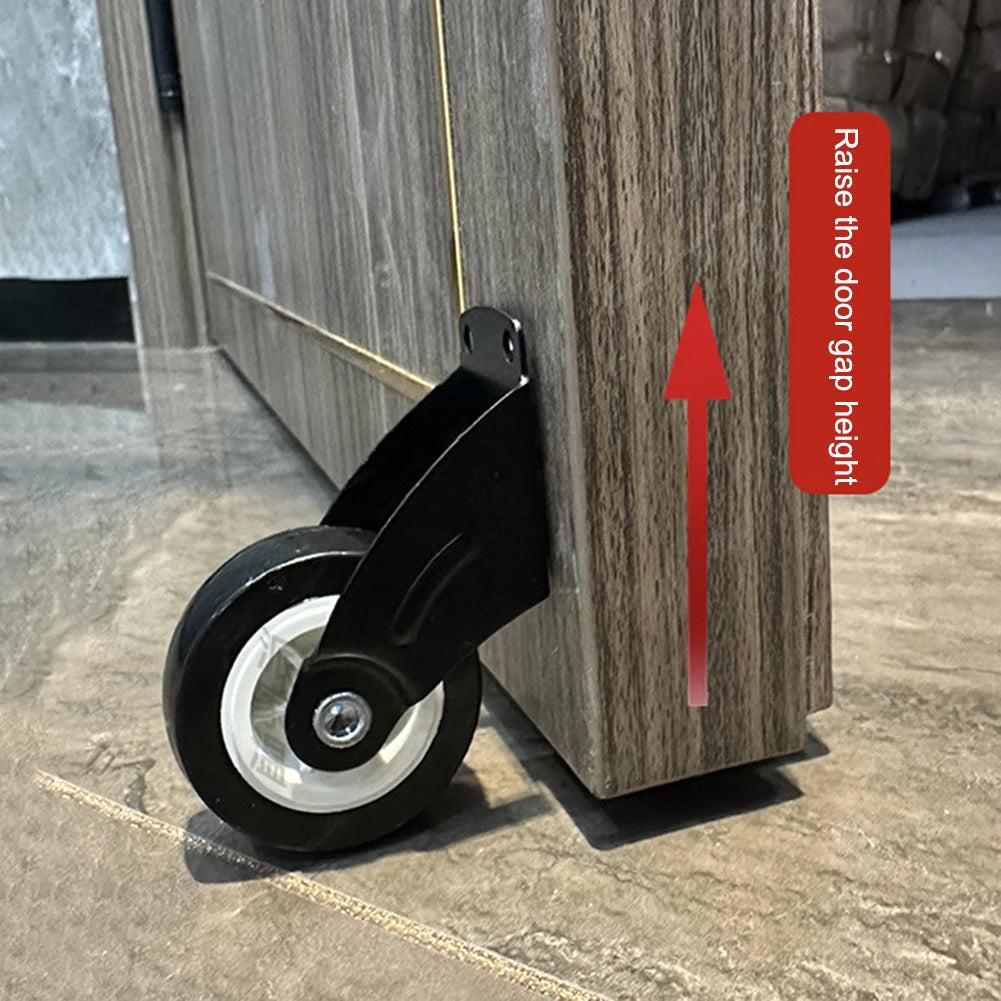 Adjustable Door Support Wheel in Black installed under a cabinet panel with a vertical adjustment arrow