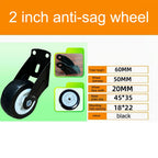 Adjustable Door Support Wheel Black dimensions showing wheel width, base size, and mounting opening