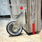 Adjustable Door Support Wheel in Gray supporting a sagging cabinet panel from underneath