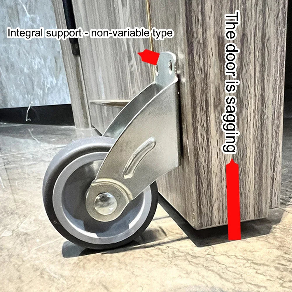 Adjustable Door Support Wheel in Gray supporting a sagging cabinet panel from underneath