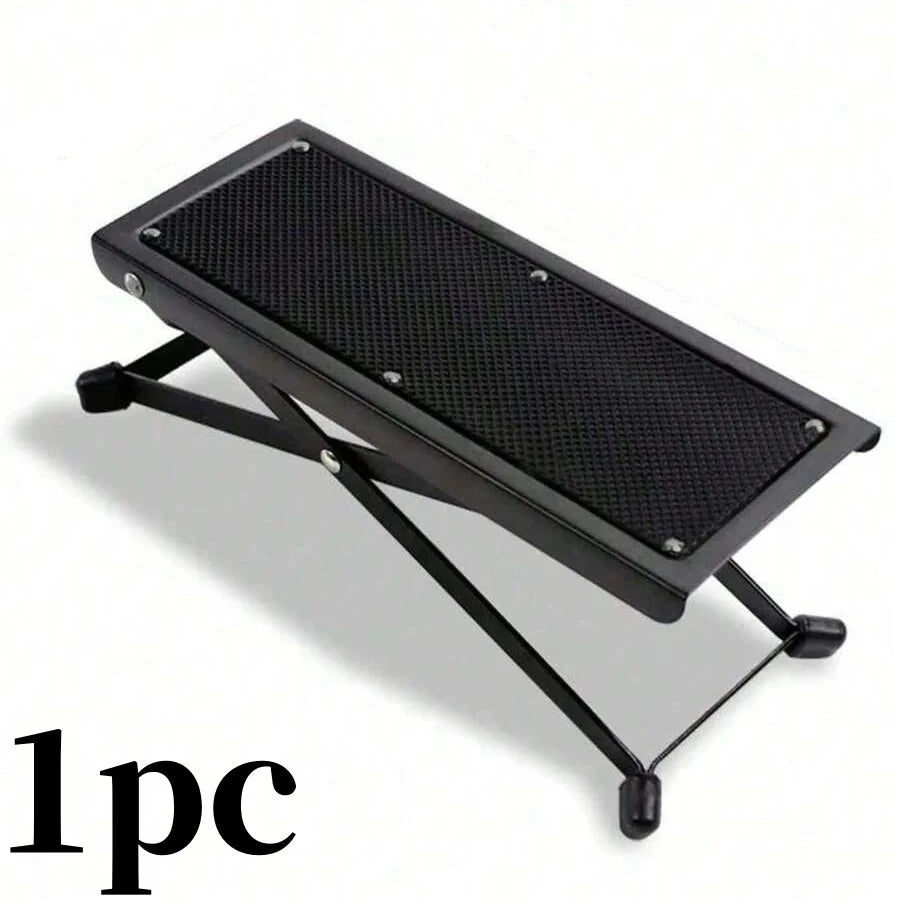 Adjustable Pedicure Foot Rest in black with folding metal frame, textured platform, and rubber-capped feet