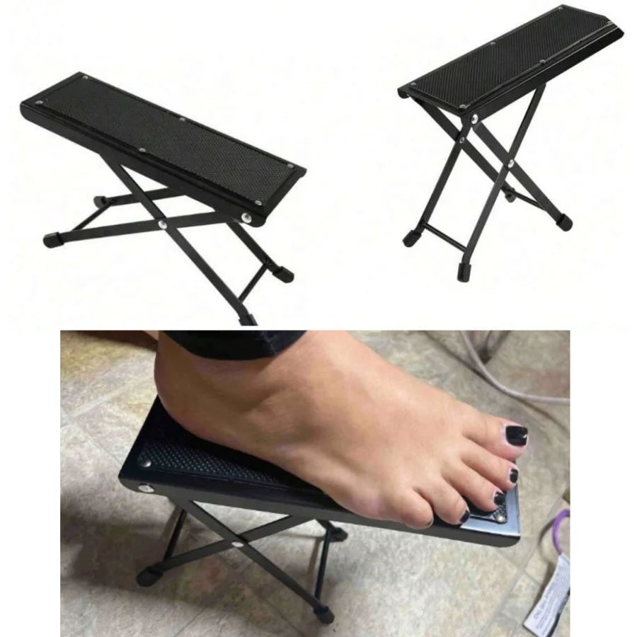 Adjustable Pedicure Foot Rest shown at multiple heights and supporting a foot during a pedicure