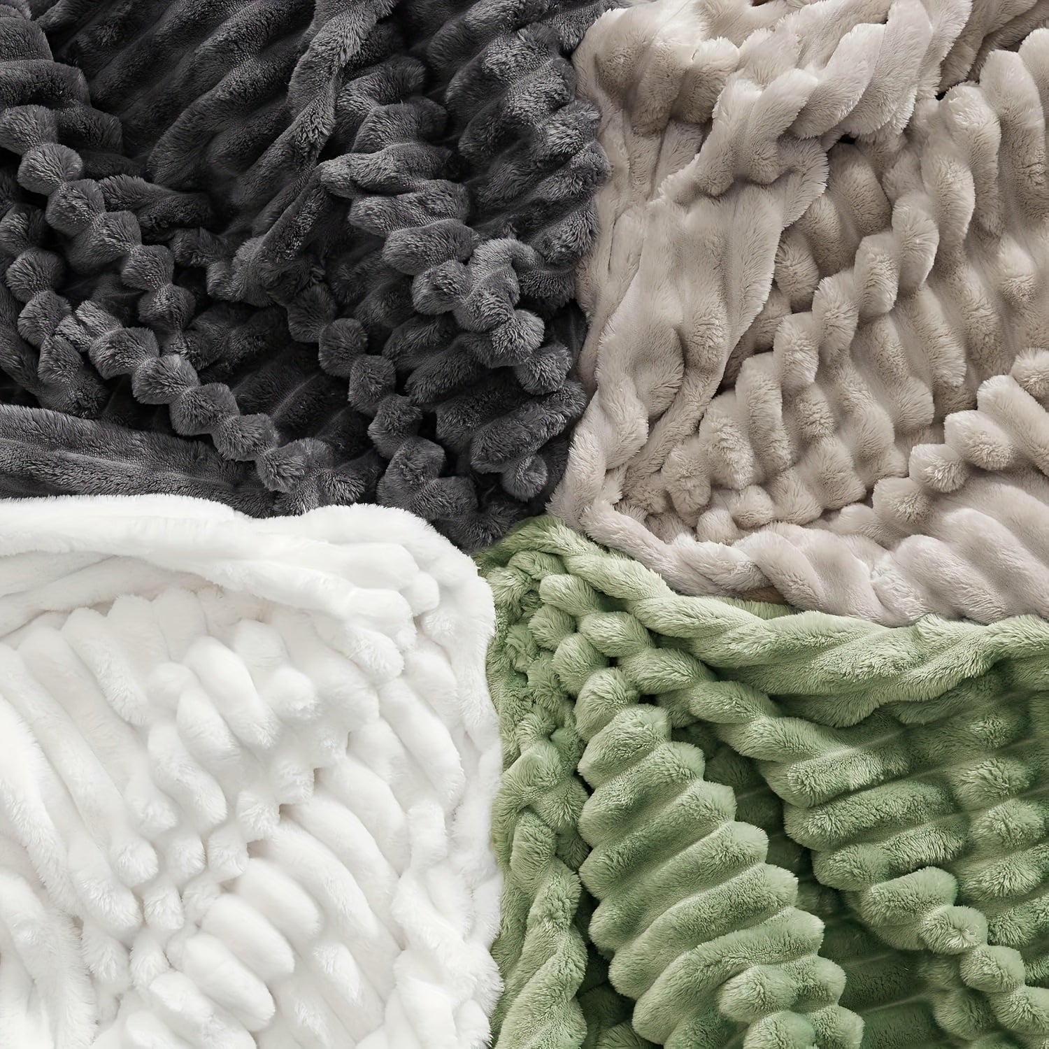 Cozy Fuzzy Blanket in white, gray, and sage green colors showing textured ribbed faux fur design and plush double-sided surface