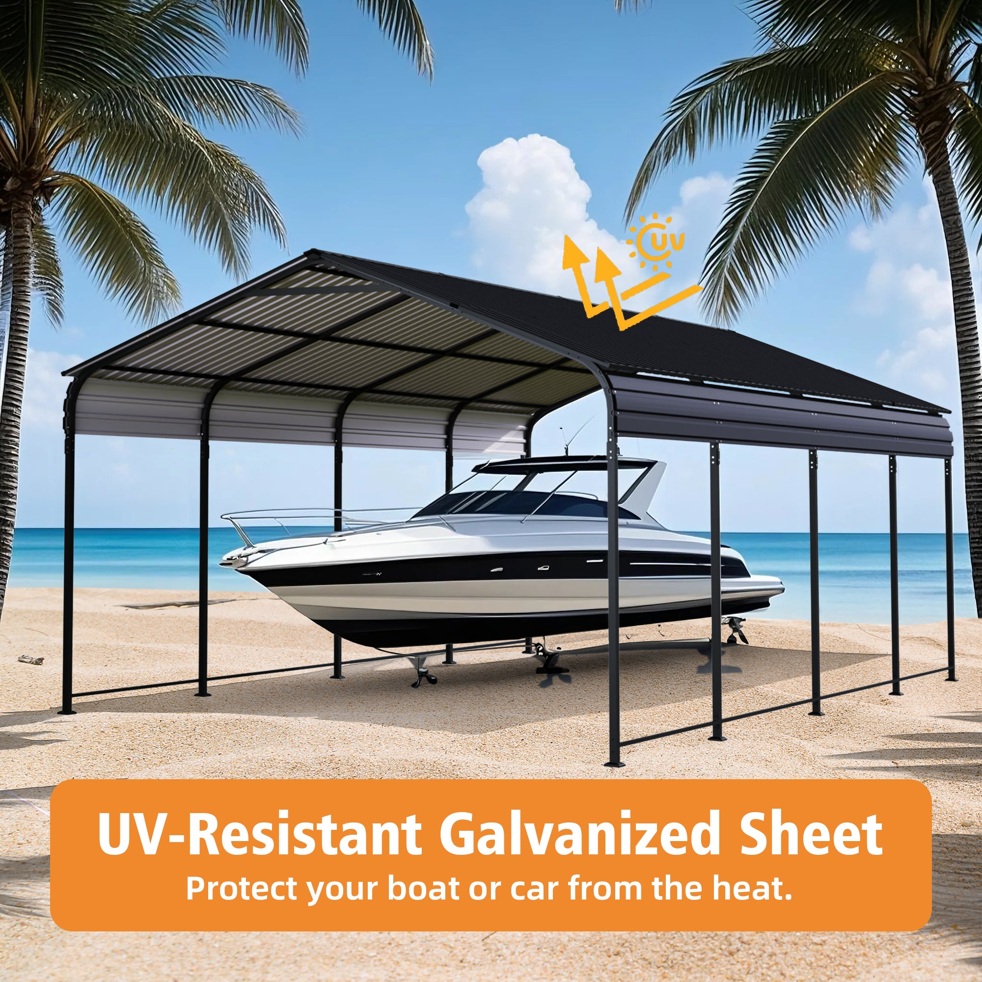 HighPeak Metal Carport with UV-resistant galvanized steel roof sheltering a boat on a sandy beach under palm trees