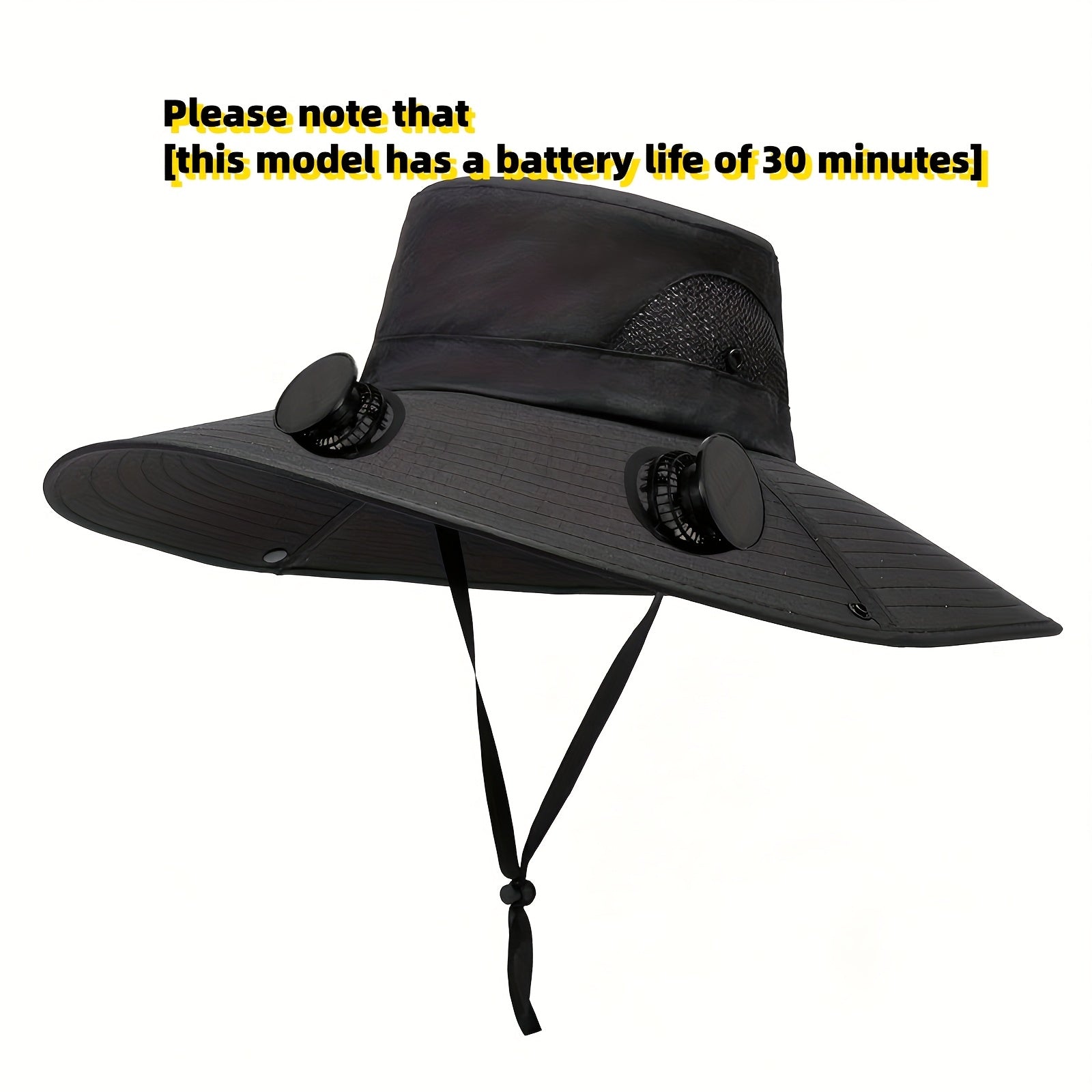 HighPeak Cooling Fan Sun Hat in black with dual fans, mesh panels, and adjustable chin strap for outdoor sun protection and cooling.