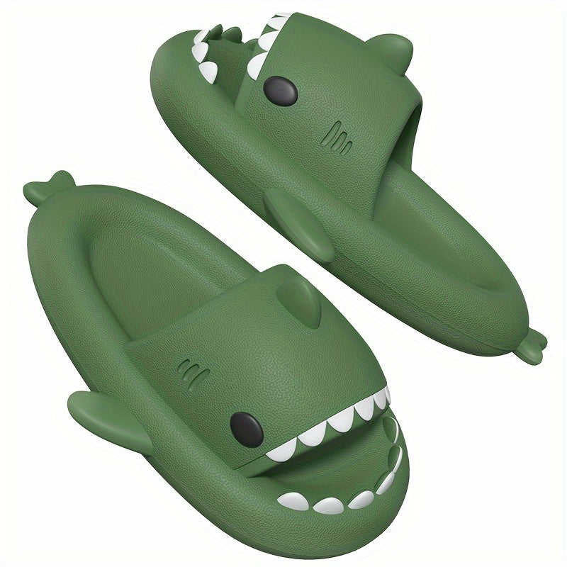 HighPeak Shark Slides in green with shark-bite design, cushy EVA sole, and open toe for indoor and outdoor comfort