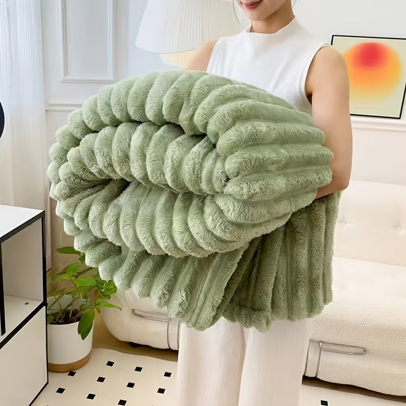 Cozy Fuzzy Blanket in sage green with plush ribbed texture, folded to show luxurious double-sided faux fur design