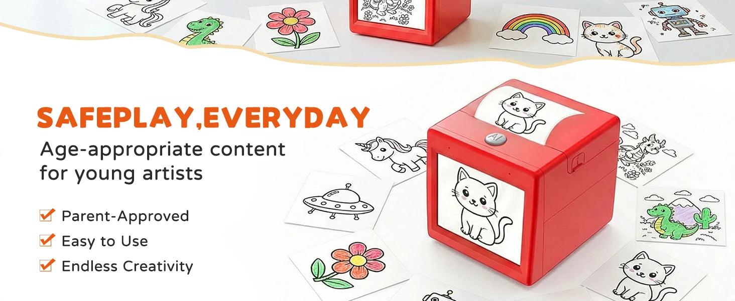 AI Voice Sticker Box with sample line-art stickers in an everyday creative-play infographic