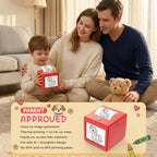 AI Voice Sticker Box used by a young child with parents during a living-room creative activity
