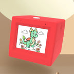 AI Voice Sticker Box close-up showing a colorful dragon preview on its built-in display screen